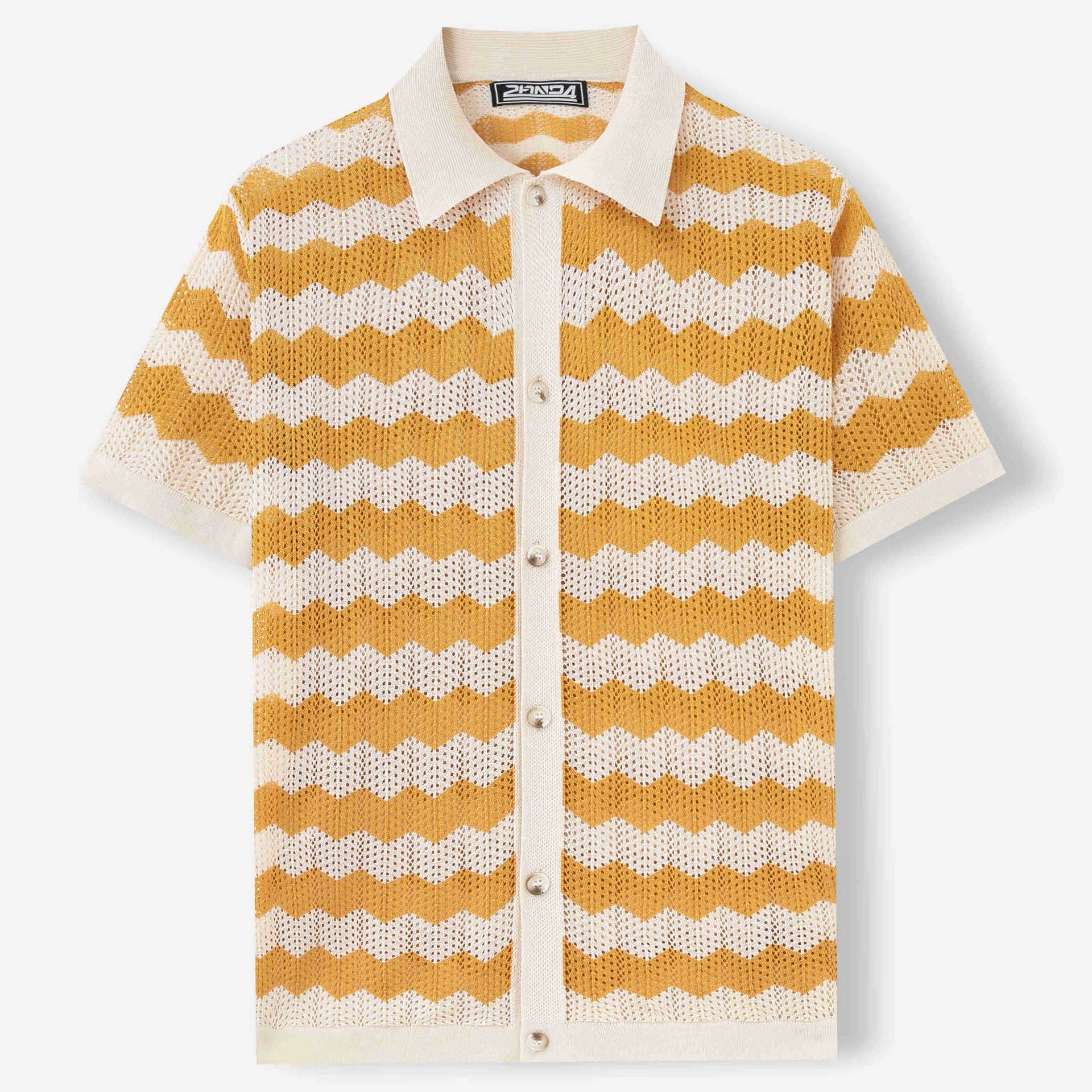 Short-sleeved yellow Tencel sweater with a textured hollow jacquard corrugated pattern, shown on a hanger.