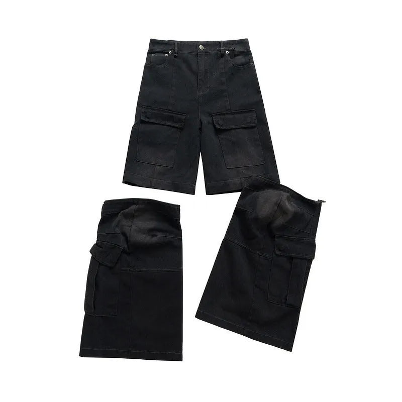 Detachable washed-out cotton overalls with multiple pockets in black or blue colours