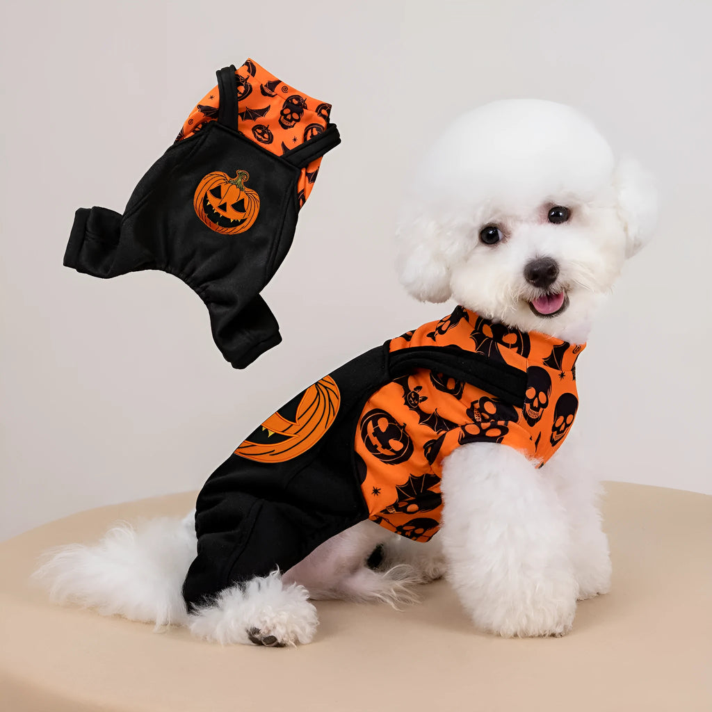 Halloween pet dog costume in polyester with creative print, available in two colours and sizes XS to XL.