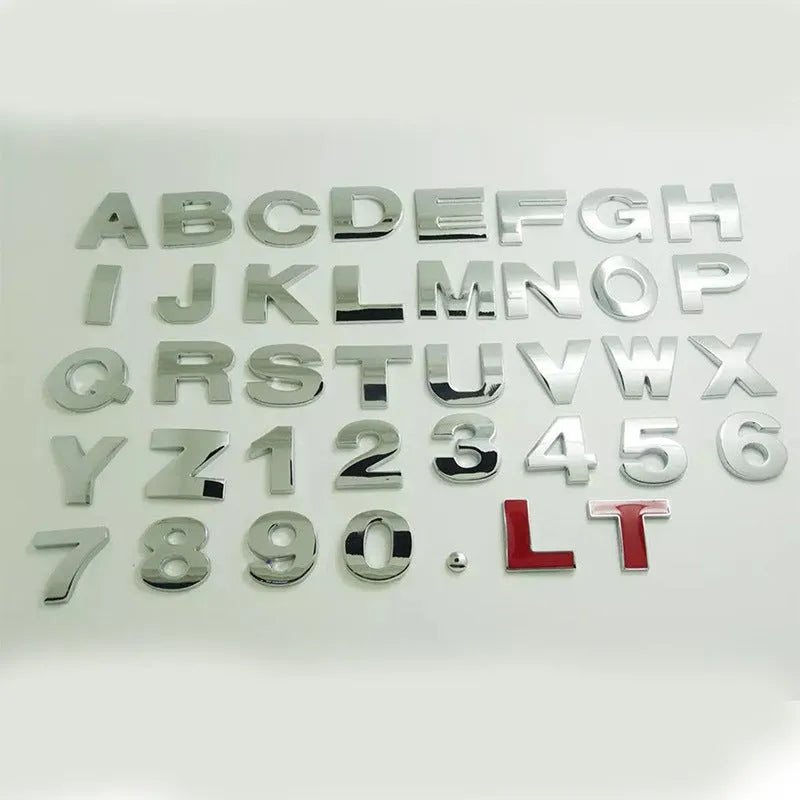 Metal 3D car bumper sticker with raised English letter on vehicle surface