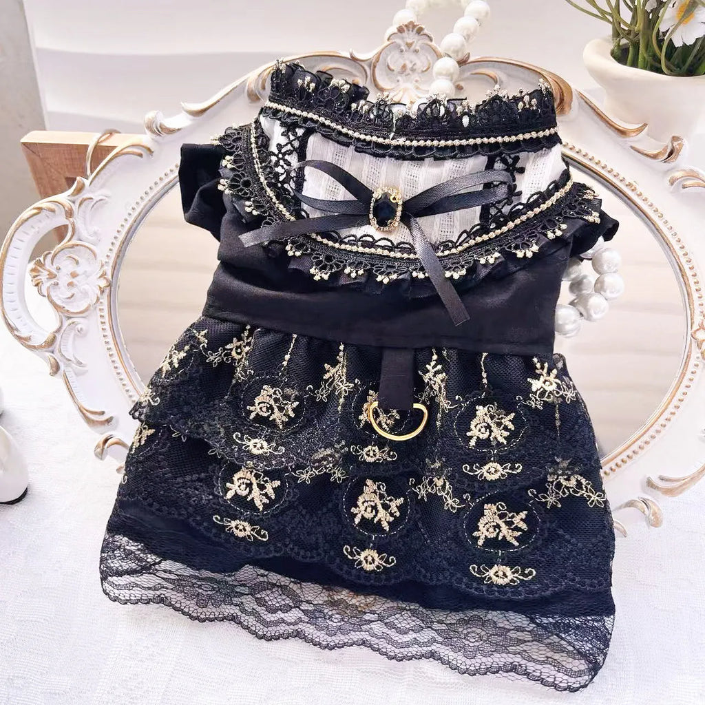 Golden Gothic-style princess skirt costume on a small dog, showing detailed sizing for pet clothing.