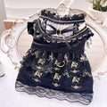 Golden Gothic-style princess skirt costume on a small dog, showing detailed sizing for pet clothing.