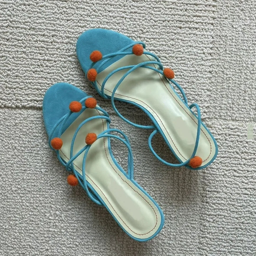Cyan genuine leather French lace-up high-heeled sandals with thin straps and open toe