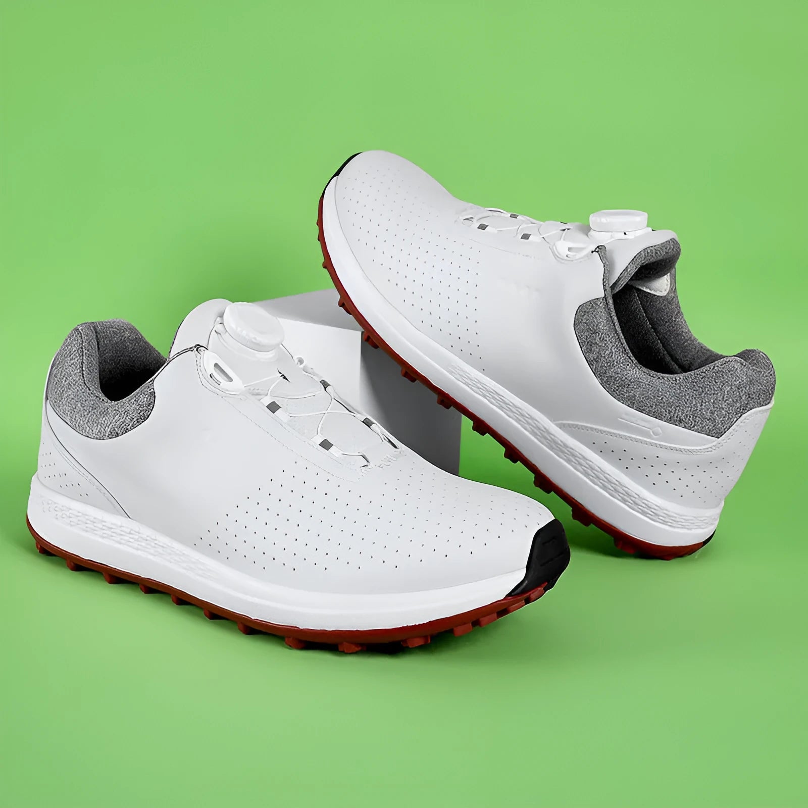 Men's white and black casual golf shoes with breathable design and broken nail non-slip sole pattern