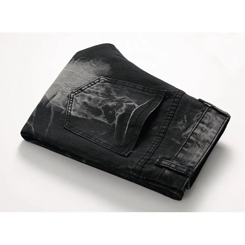 Men's ripped black straight-leg cotton denim jeans, mid-waist with zipper fly, size 28-42