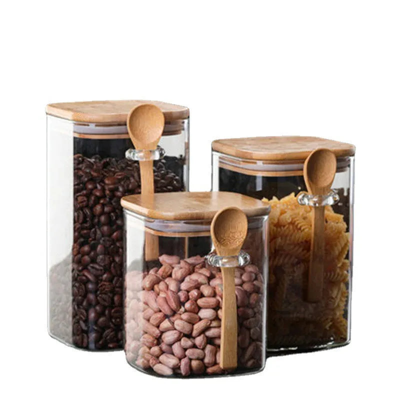 Square glass storage jar with bamboo wood lid, filled with coffee beans, 1000ml capacity