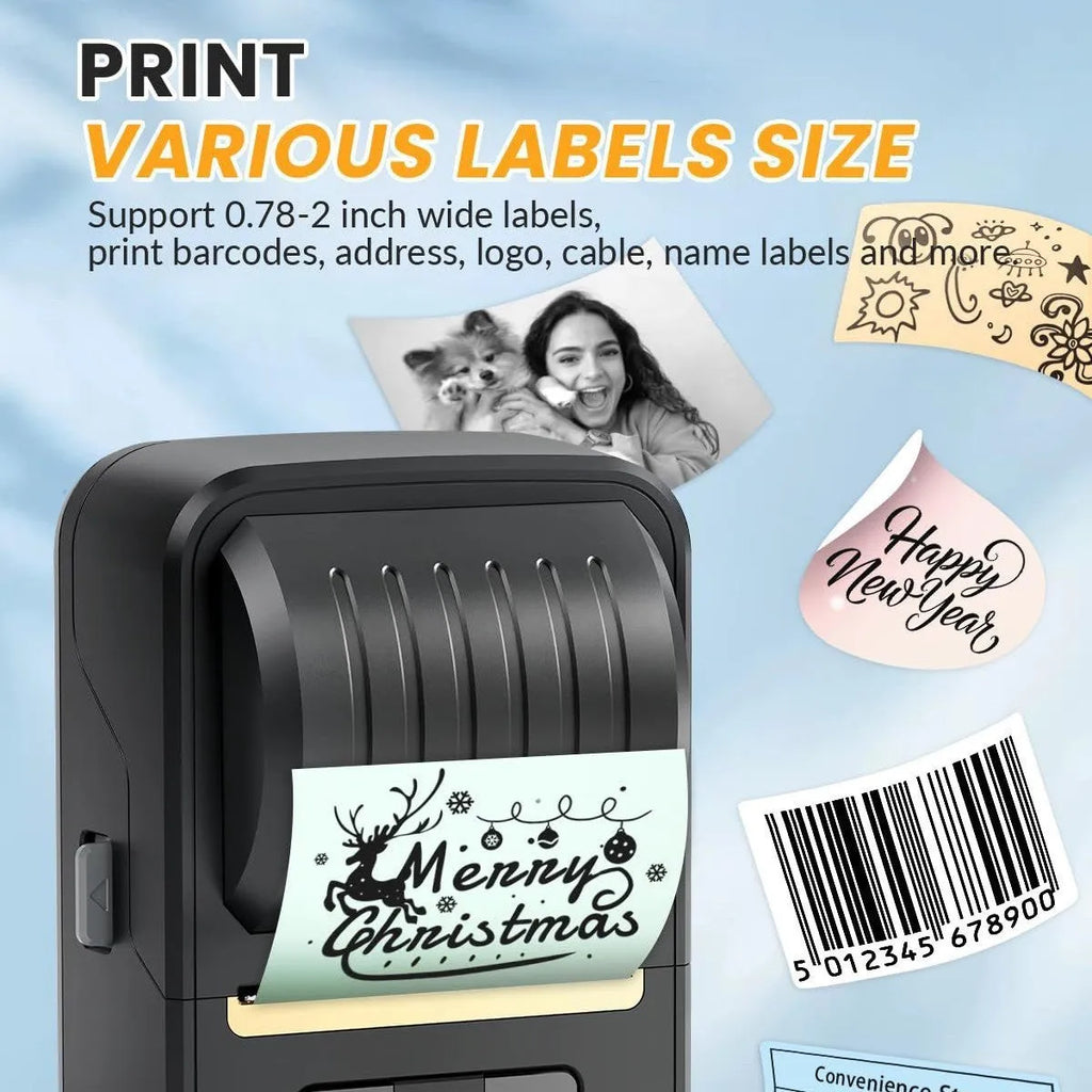 Black Bluetooth thermal label printer with 40x30mm label roll and Type-C cable
