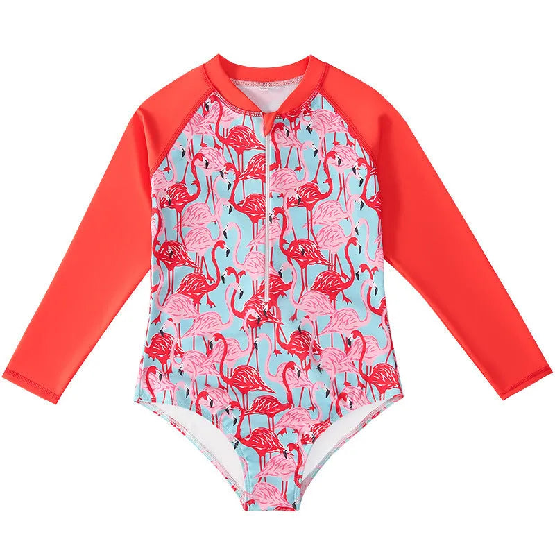 Girl's long sleeve one piece swimsuit in a briefs style on a hanger.
