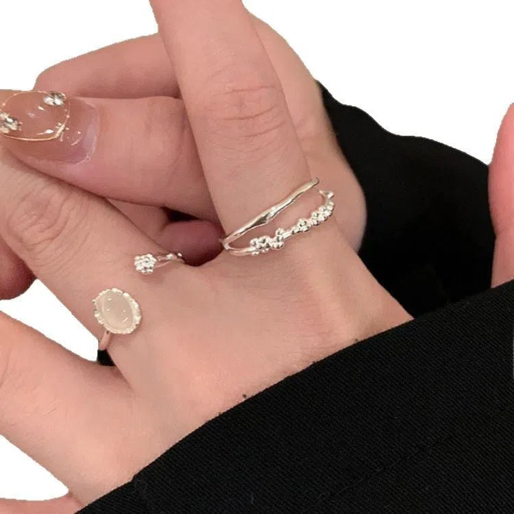 Moonstone texture ring for women, two-piece set, oval geometric shape, alloy plating, live edge style