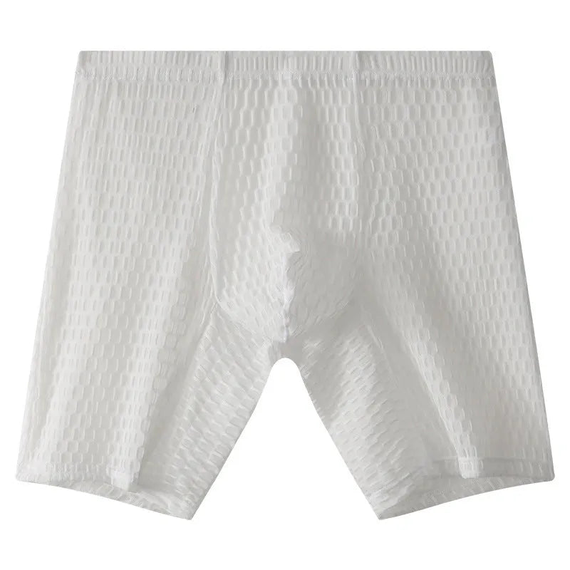 Men's white knitted lace boxer shorts with a lengthened leg and mid-waist design on a plain background.