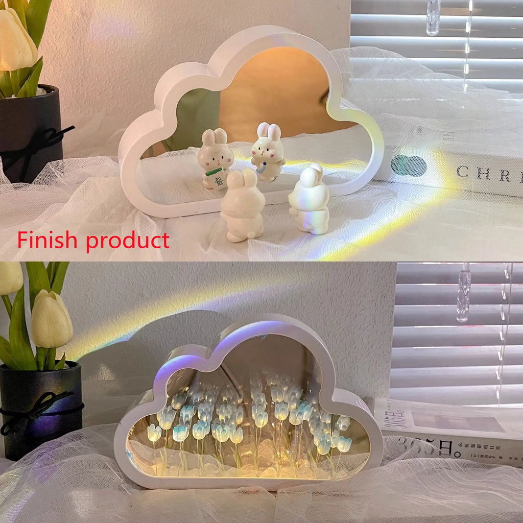 Pink DIY tulip night lamp with LED light and decorative mirror on a wooden desk.