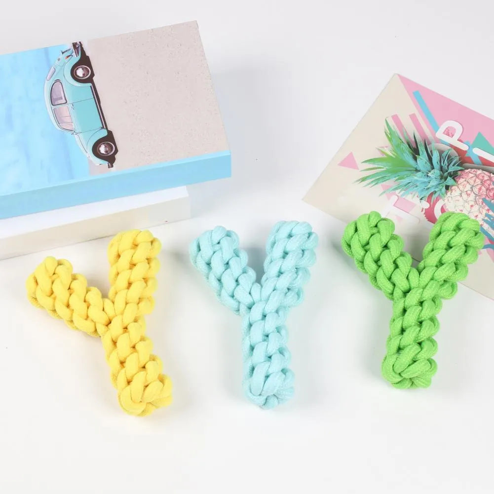 Blue Y-shaped cotton rope dog toy for large breeds measuring 18cm long