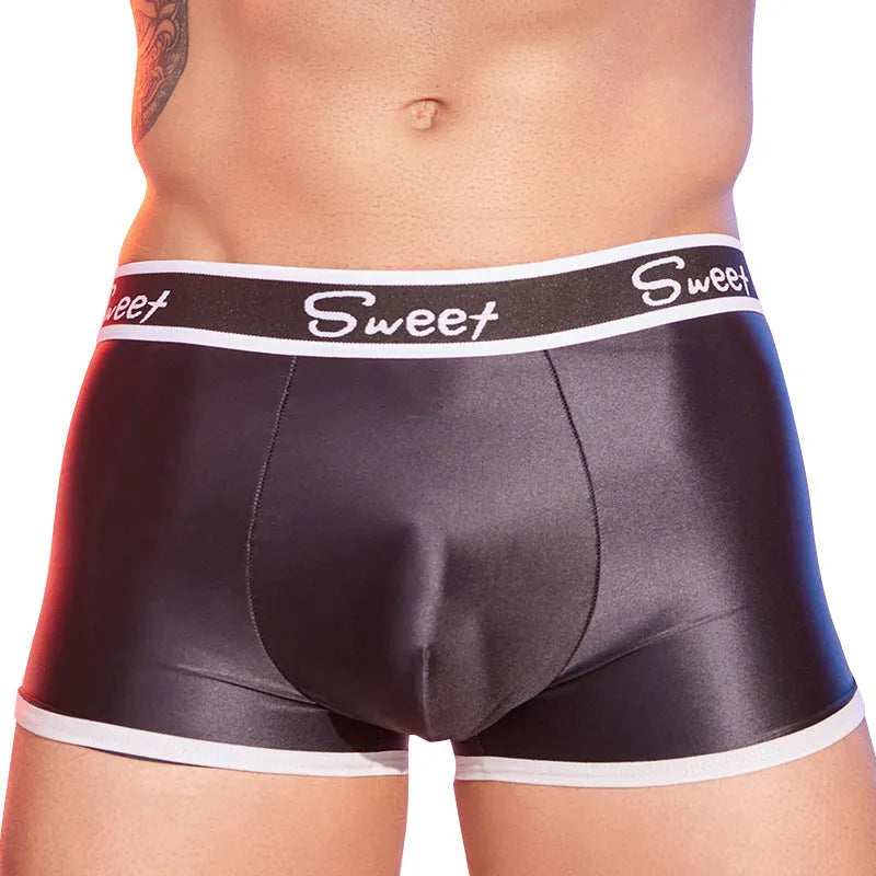 Men's silky nylon boxers in black, white, and blue colours with shiny finish