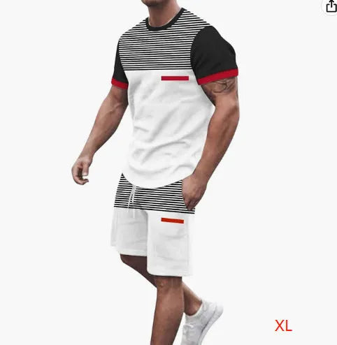 Men's casual printed t-shirt and shorts set in polyester, available in multiple colour options and sizes S to 6XL