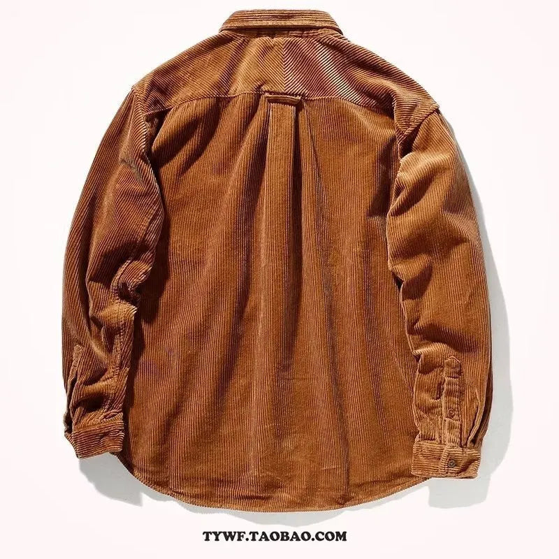 Man wearing a loose caramel corduroy shirt in Japanese Hong Kong style.