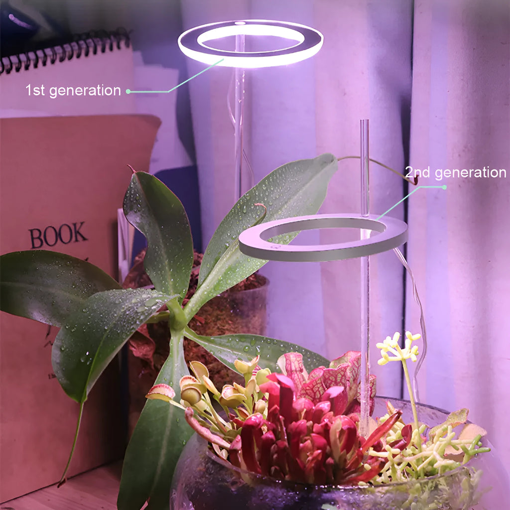 Compact 90mm angel ring LED grow light for indoor plants with USB cable connection