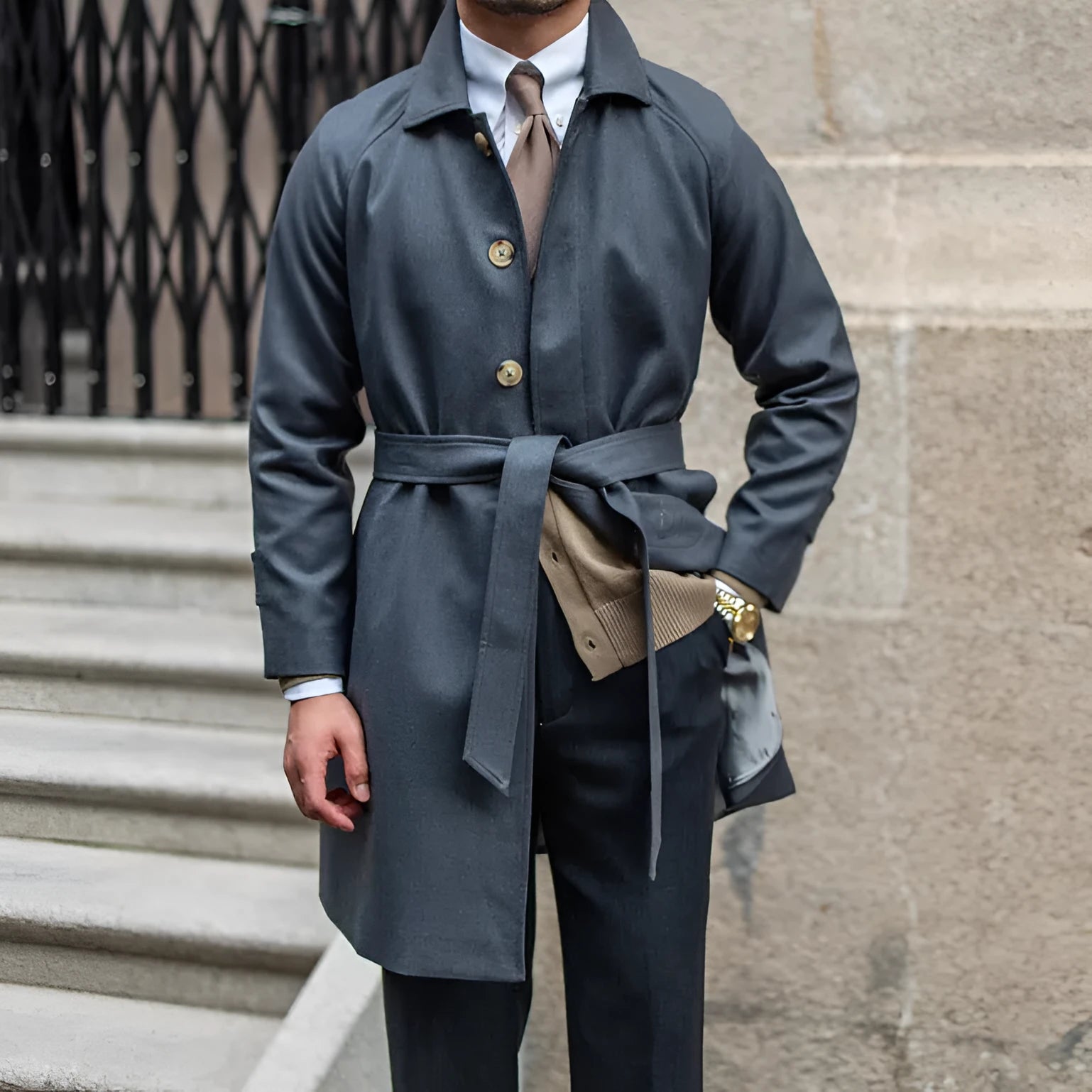 Wool winter trench coat single-breasted in dark blue, 70% polyester 30% wool leisure style