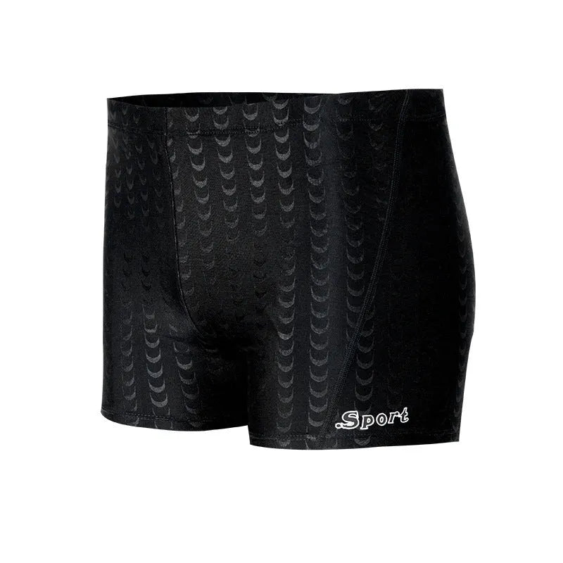 Men's solid colour swimming trunks in waterproof shark skin polyester fabric, shown in larger sizes.