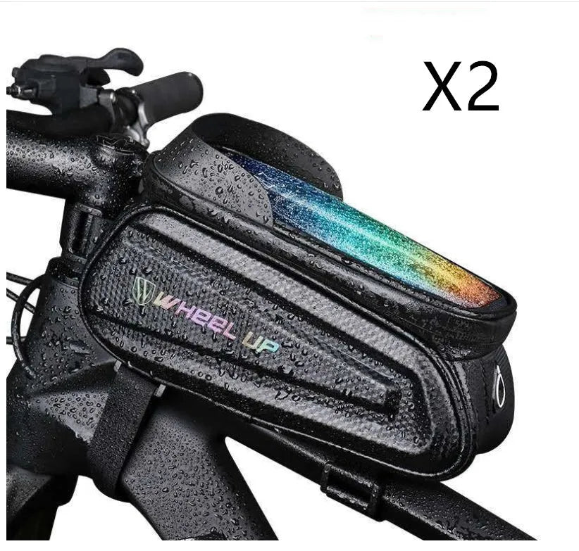 Black and grey EVA bicycle phone bag with reflective strip mounted on a bike frame tube