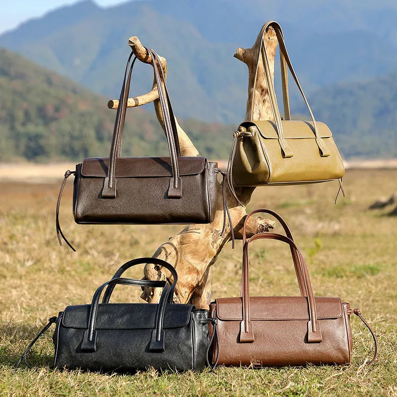 Women's vegetable tanned cowhide top grain leather armpit handbag in brown with double straps