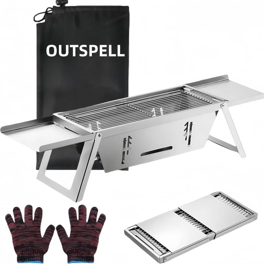 Flat-folded portable charcoal barbecue grill next to its unfolded cooking position
