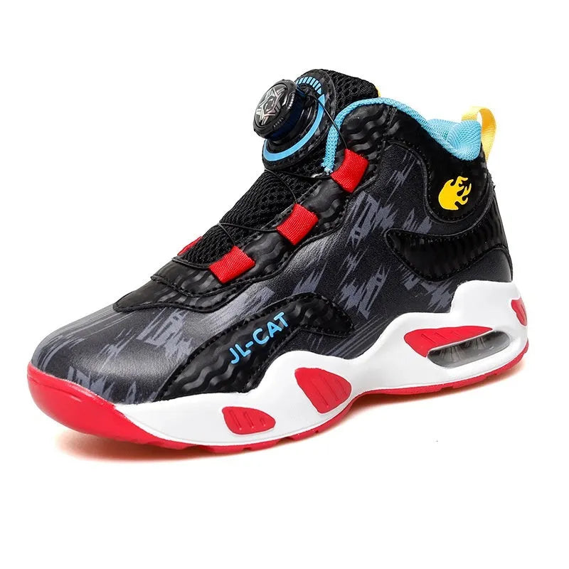 Children's rotating button fastening basketball shoes in black, pink, white & purple, and white blue.