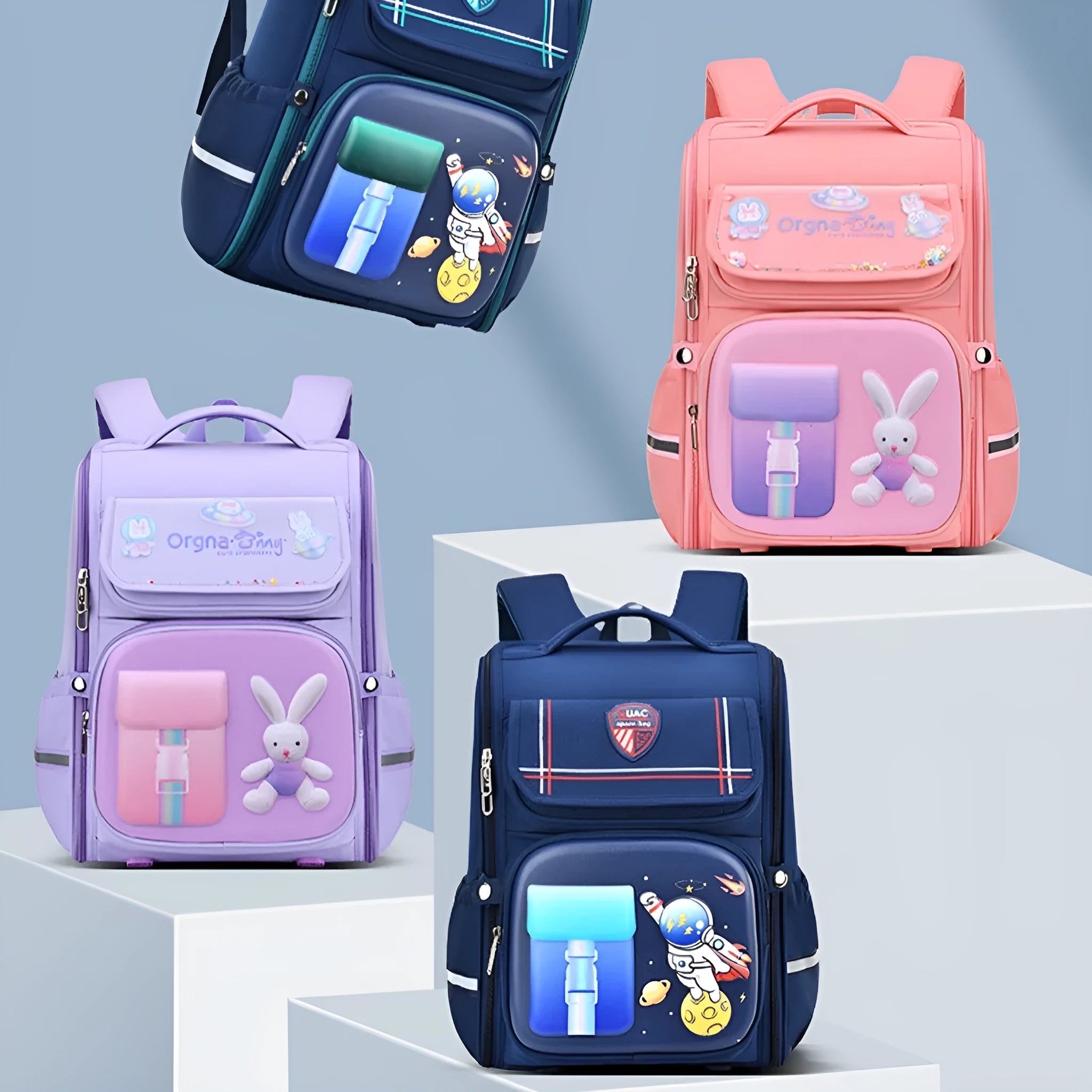 Children's large school backpack with airpillow straps in rabbit or spaceman cartoon patterns