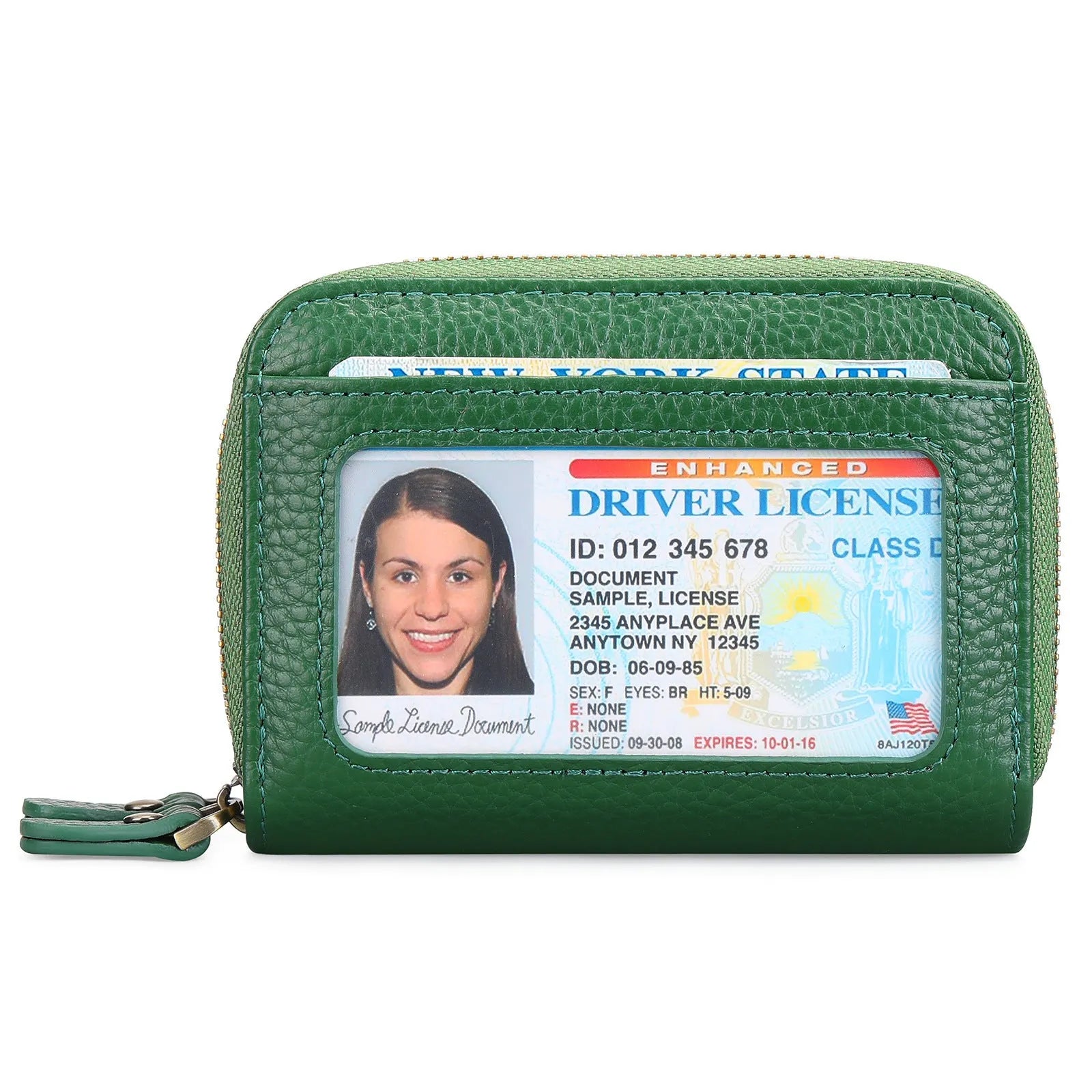 Genuine cowhide leather double layer card holder with zipper, shown in red colour with gift box.