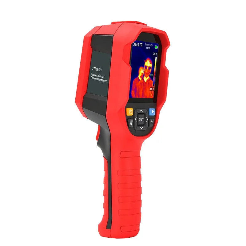 UTi260B handheld infrared thermal imaging camera with display screen, shown with USB cable and storage bag.