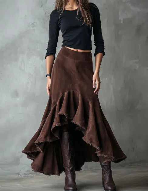 Brown high-low maxi skirt with asymmetric hem and ruffles in eco suede texture