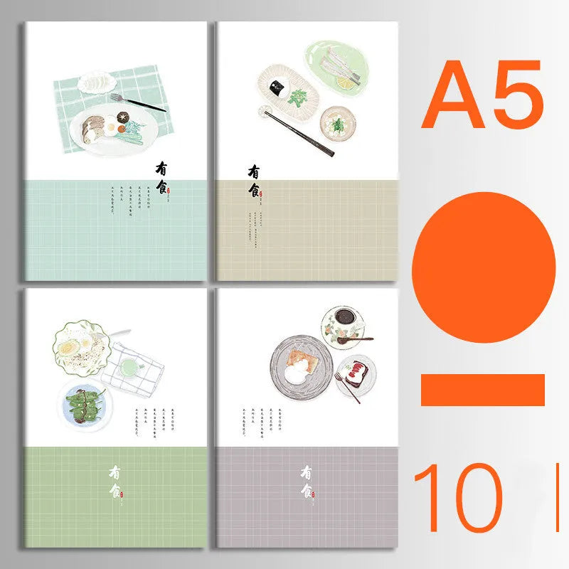 Set of 10 kraft paper notebooks with various hand-painted covers, shown open to display thread binding.