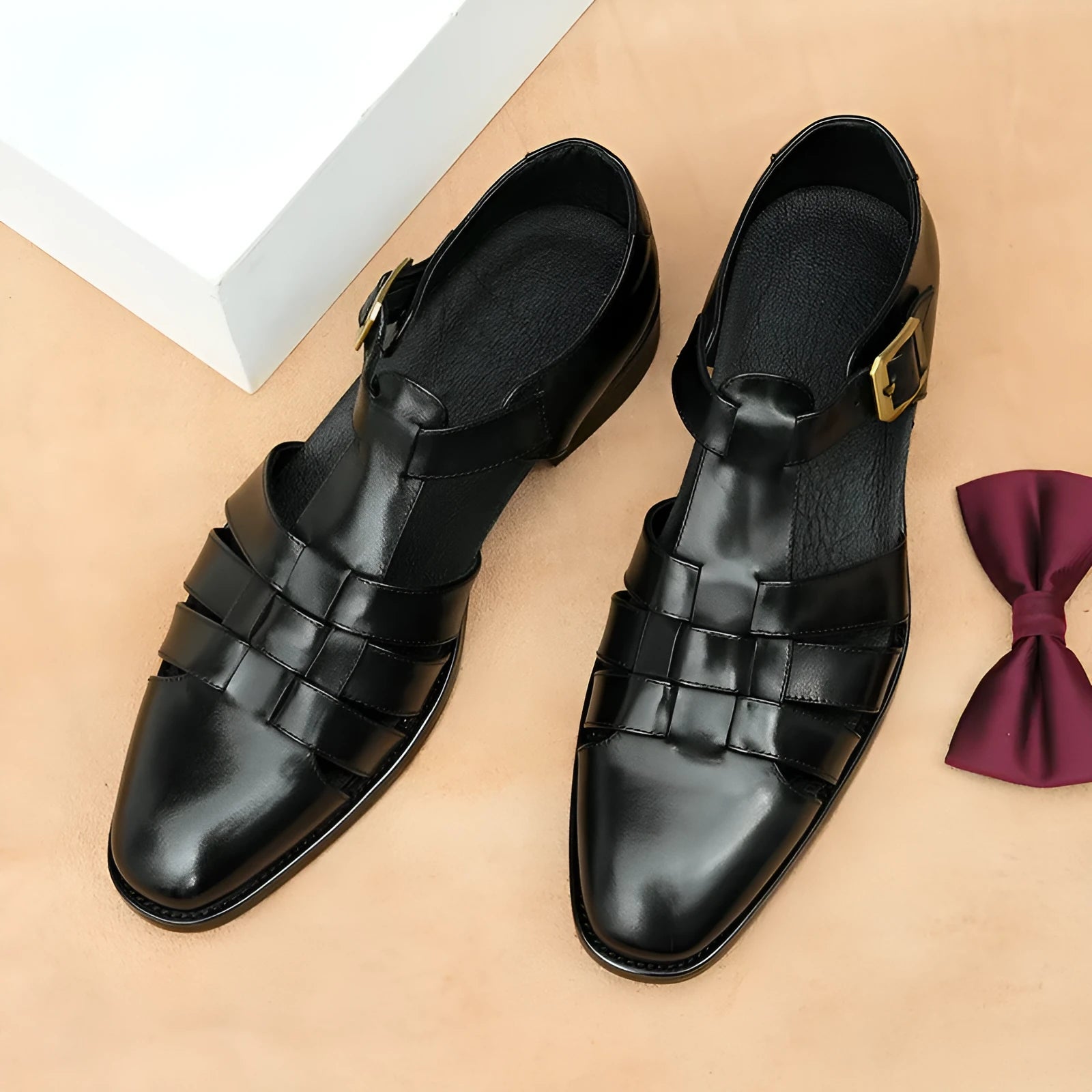 Men's black and brown genuine leather sandals with rubber soles for summer business casual wear