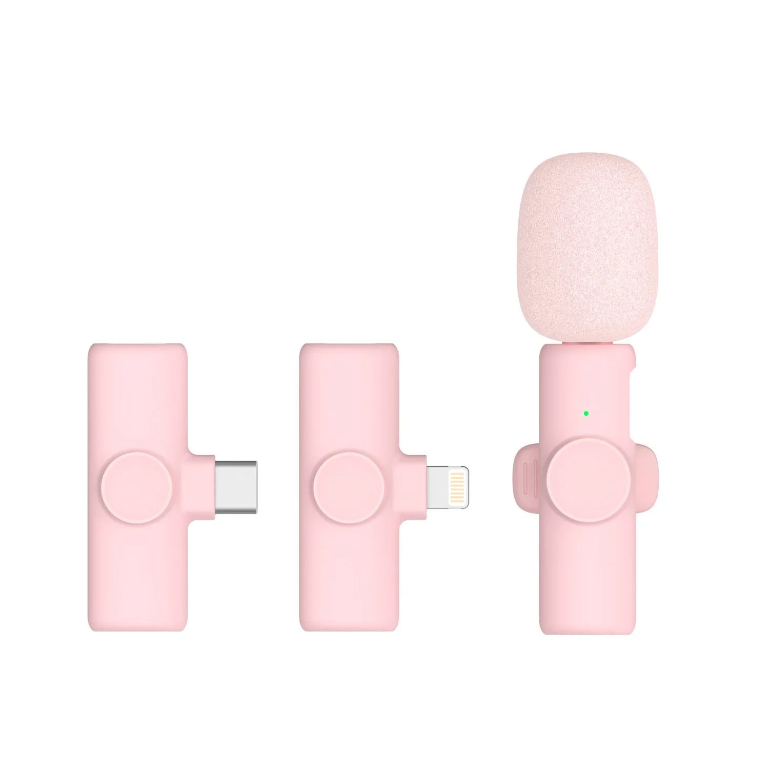 2.4G wireless microphone with receiver, showing colour options and compact size for live sound recording.