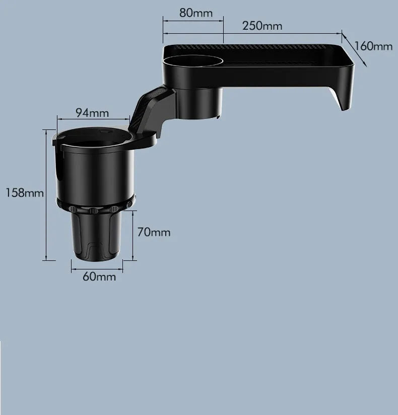 Black ABS plastic car-mounted rotating dinner tray holder shown inserted into a vehicle cup holder.