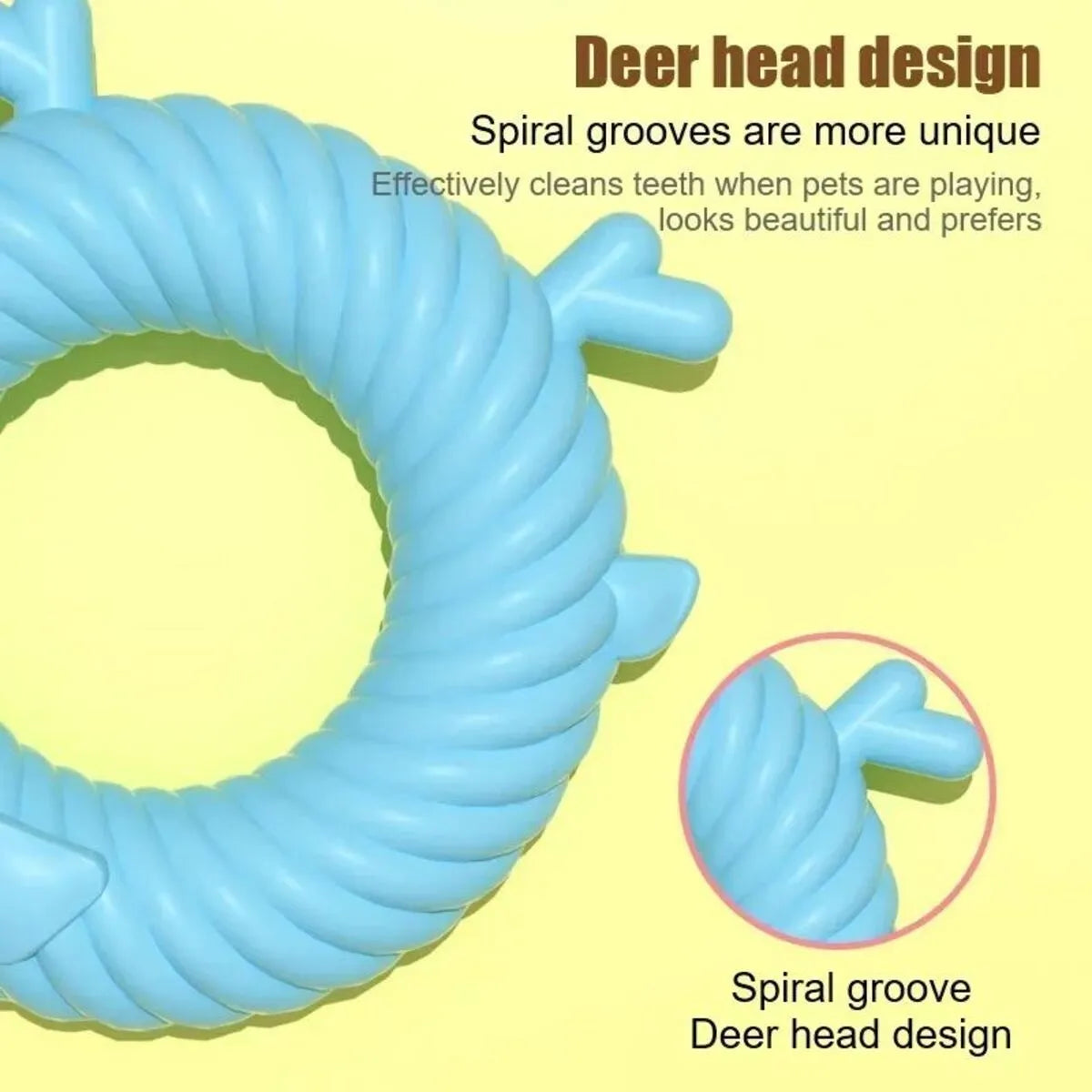 Light blue deer-shaped TPR dog chew toy with spiral grooves for teeth cleaning.