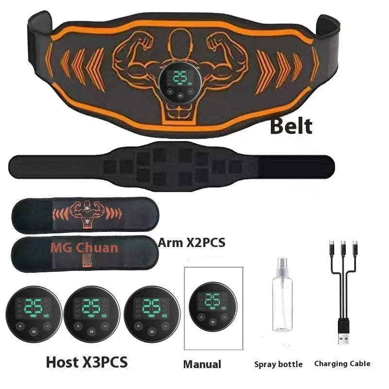 Smart Massage Belt EMS kit with blue host unit, adjustable black belt, and two arm muscle stickers on a grey background.