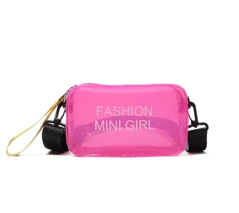 Transparent square jelly shoulder bag in PC material with an adjustable strap, shown in a light colour.