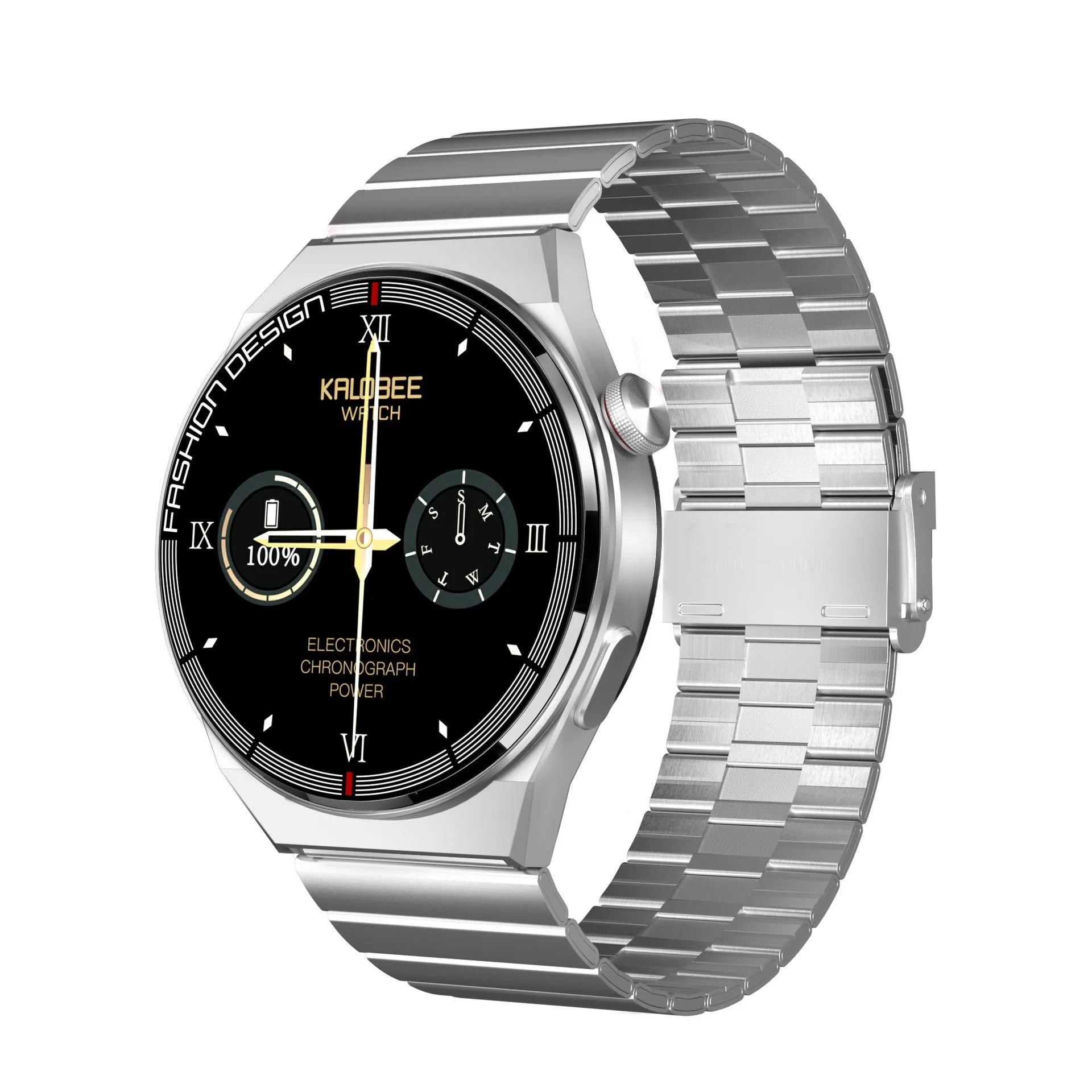 Black Bluetooth smartwatch with NFC on a wrist, showing heart rate data on its 1.28-inch screen.