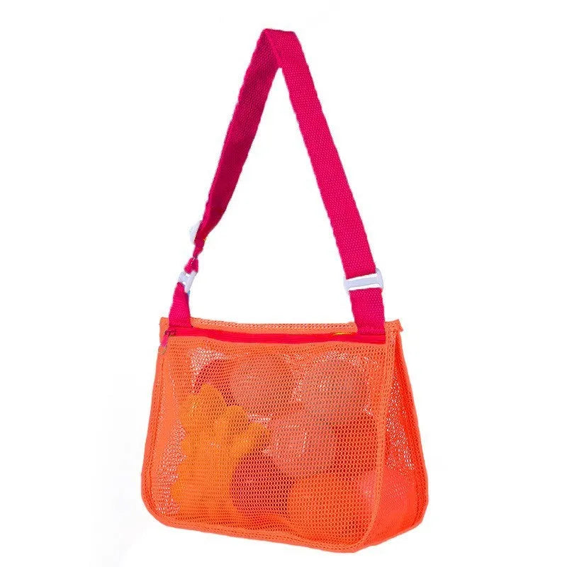 Blue nylon mesh travel storage bag with zip closure for children's toys and clothes