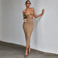 Solid colour hollow V-neck sleeveless midi pencil dress with lace-up front in khaki and black for women
