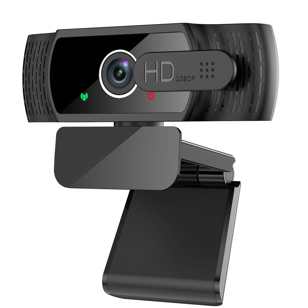 Black 1080p USB webcam with built-in microphone and universal clip for laptops.