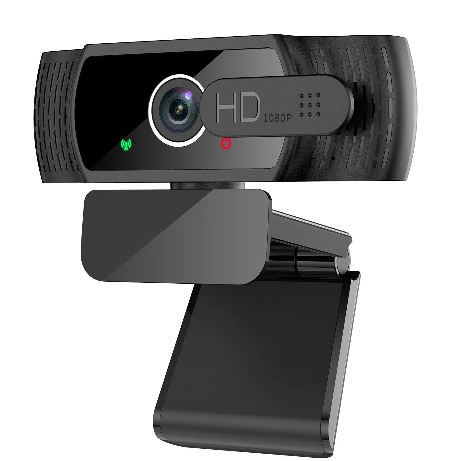 Black 1080p USB webcam with built-in microphone and universal clip for laptops.