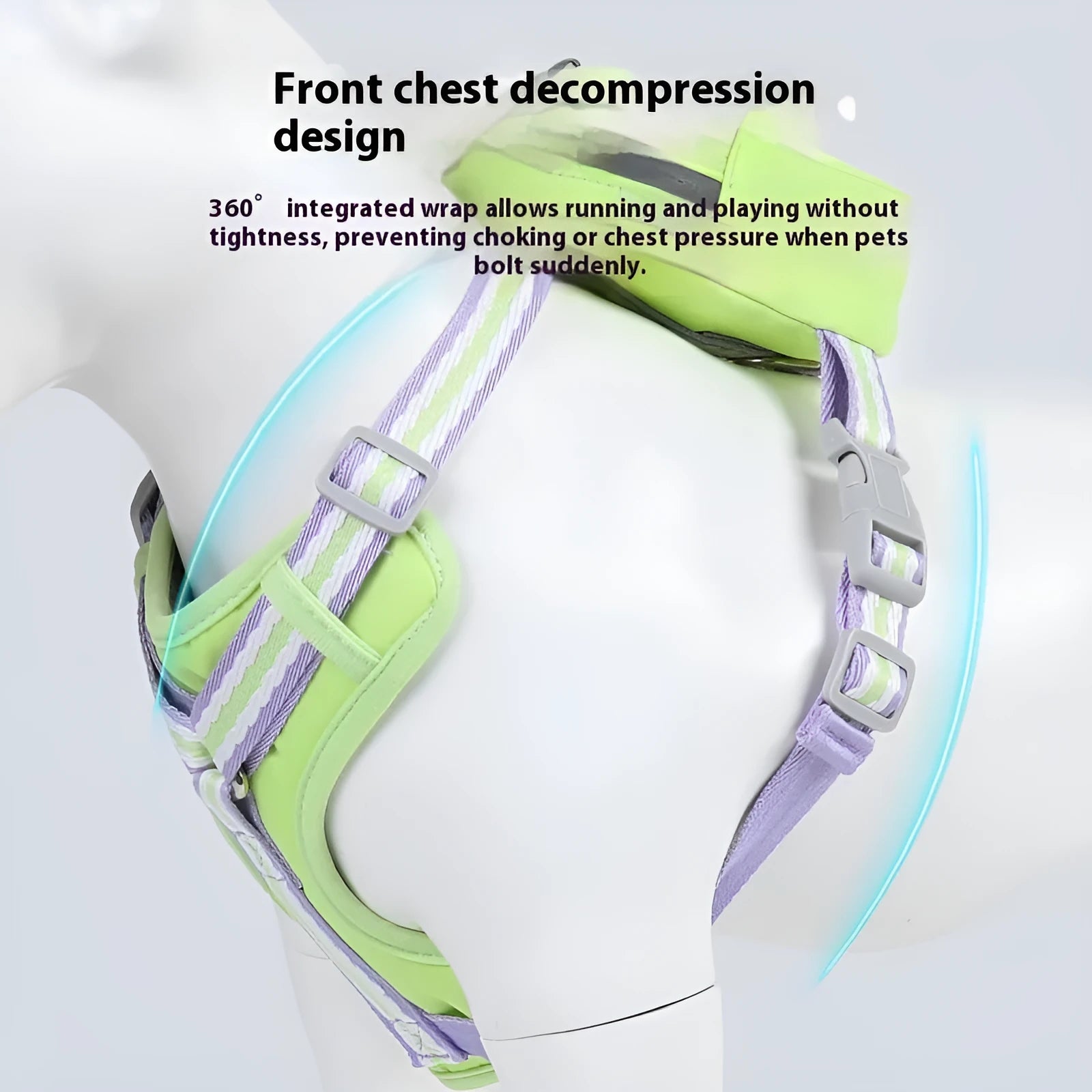 Pink explosion-proof dog harness with Y-front design and safety buckle on a dog, includes a 1.5m lead.