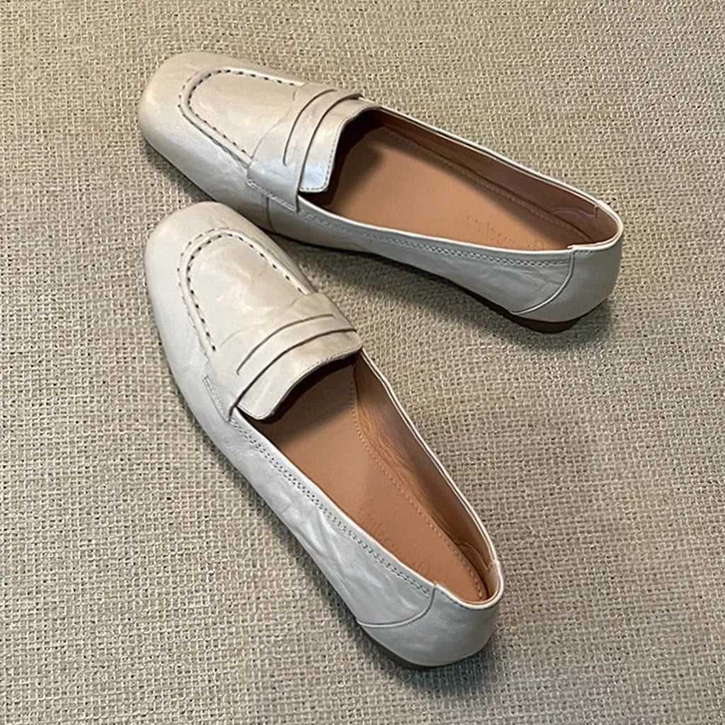 Women's square toe flat leather shoes in beige white with low heel and cowhide lining