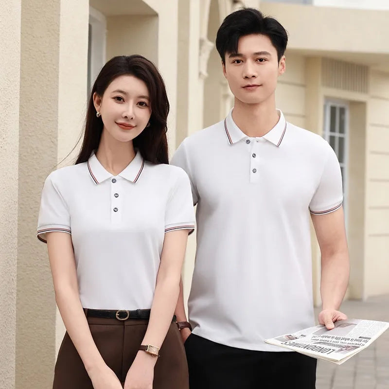 Ice silk polo shirt in solid colour on hanger, showing button placket and collar.