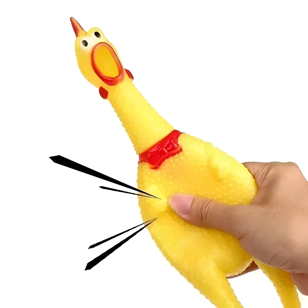 Yellow rubber screaming chicken dog squeak toy shown in three different sizes for small, medium, and large dogs