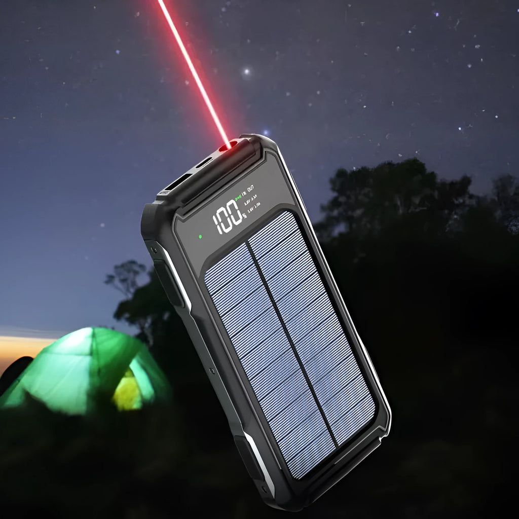Military grade mobile power bank in black, showing its size and USB ports.