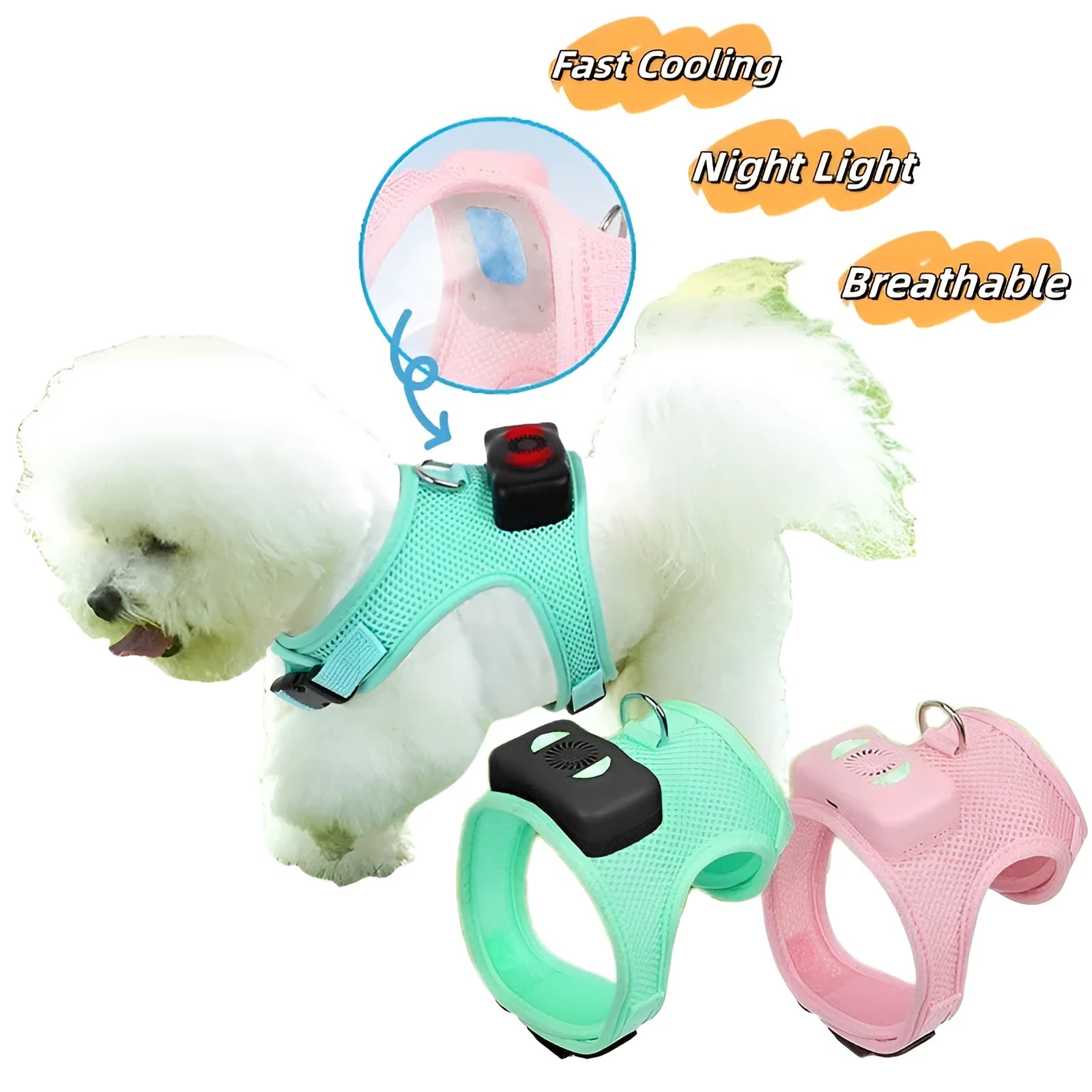 Mint green small dog cooling harness with LED light and leash on a white background
