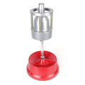 Portable aluminium hub balancer with bull's eye level on an enamel-finished base for tyre balancing.