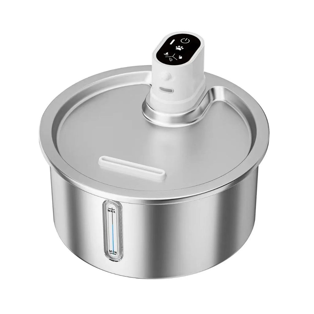 White stainless steel heated pet water fountain with digital temperature control base.